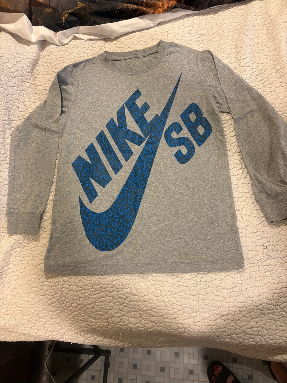 Nike Grey Long-Sleeve Tee with Blue SB Swoosh Graphic